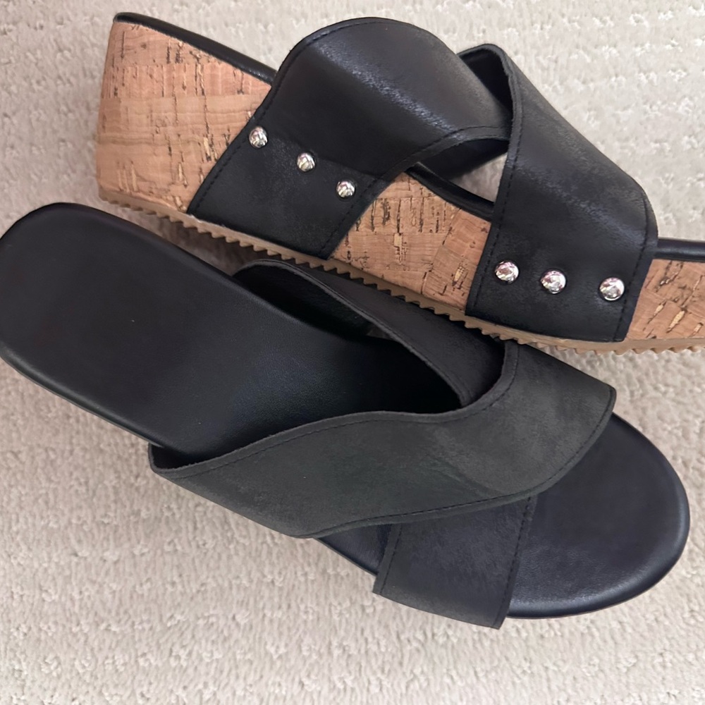 Black Wedge Sandals with Cork Detail